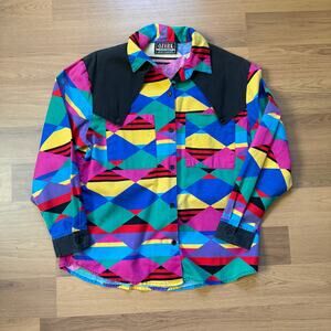 Women's Vintage 90's Ozark Mountain Geometric Multicolor Western Shirt Sz Medium